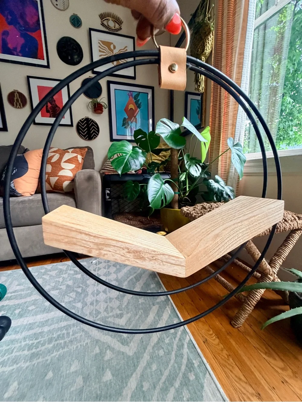 Modern Circular Wall Shelf - Black Frame with Natural Wood